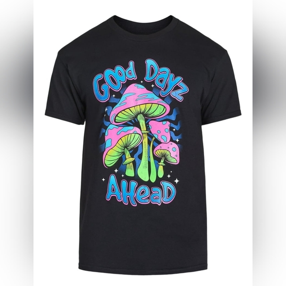 Dom Other - NWOT Colorful Graphic T-Shirt with Mushrooms Says Good Days Ahead.